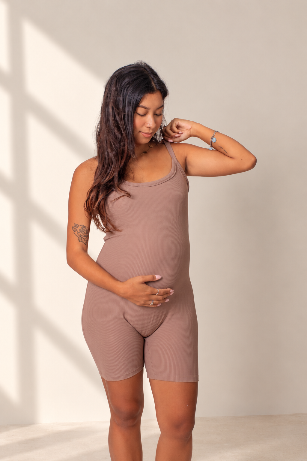 The Ribbed Maternity Romper - Cocoa