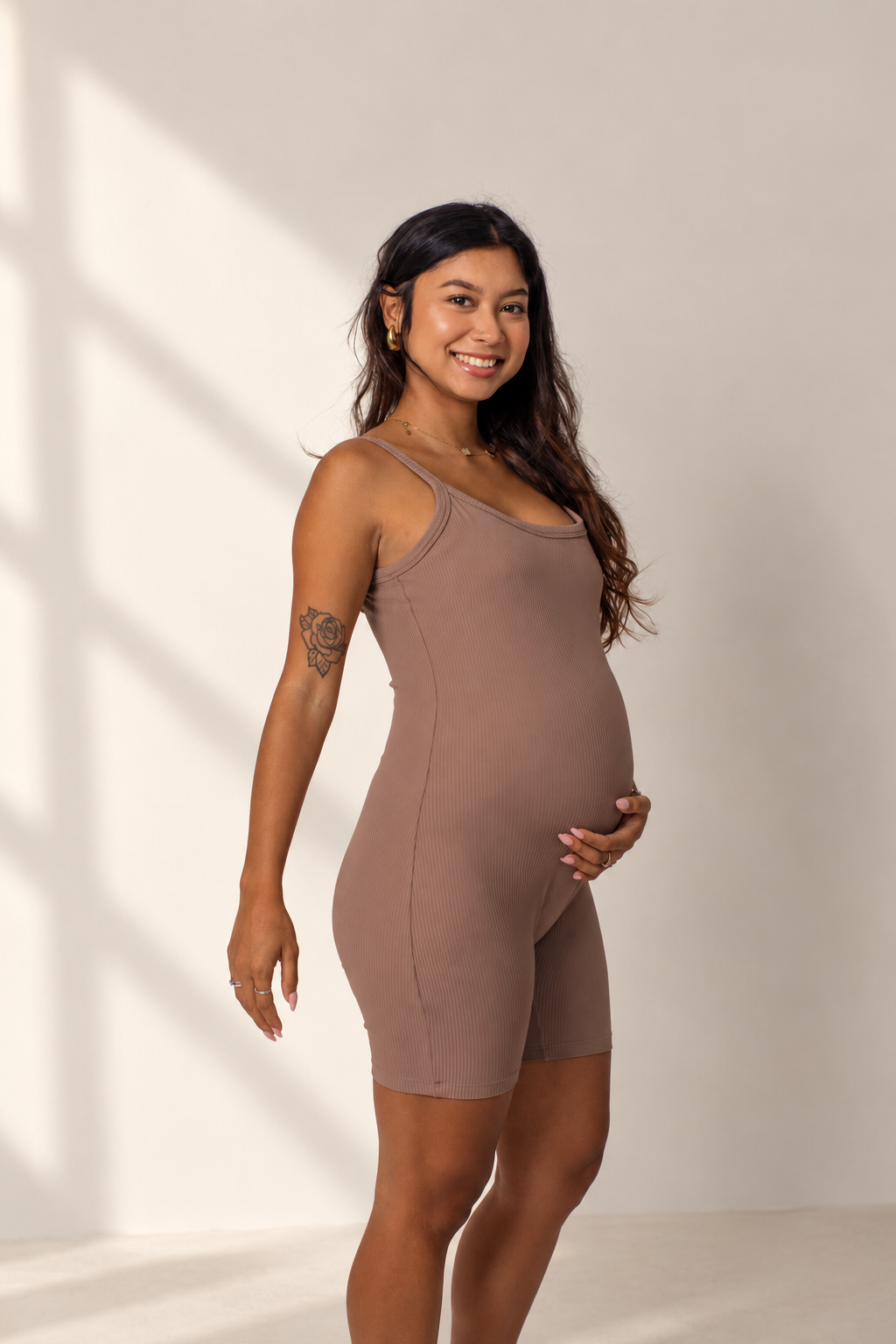 The Ribbed Maternity Romper - Cocoa
