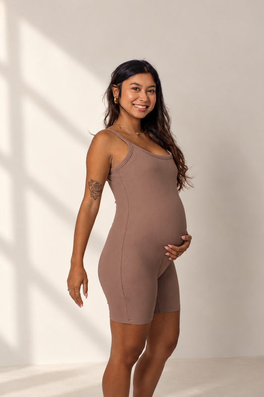 The Ribbed Maternity Romper - Cocoa